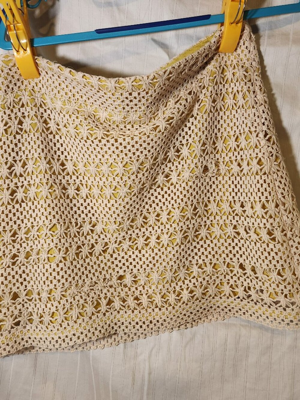 Umgee USA Cream Crochet Knit Mustard Yellow Lined Mini Skirt Size M